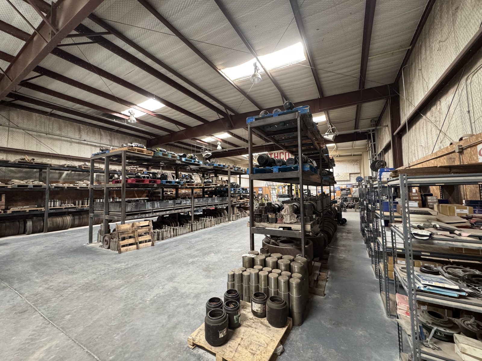 Rows of pump jack parts stocked at Snelson's, Midland TX